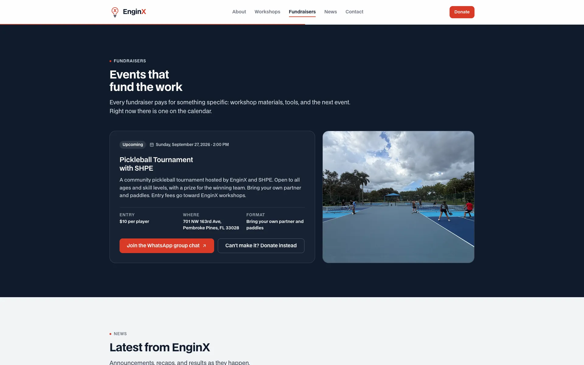 The Fundraisers section on a dark navy band: a card for the Pickleball Tournament with SHPE showing its date, entry fee, address and format, with buttons to join the WhatsApp group chat or donate instead, beside a photo of the courts
