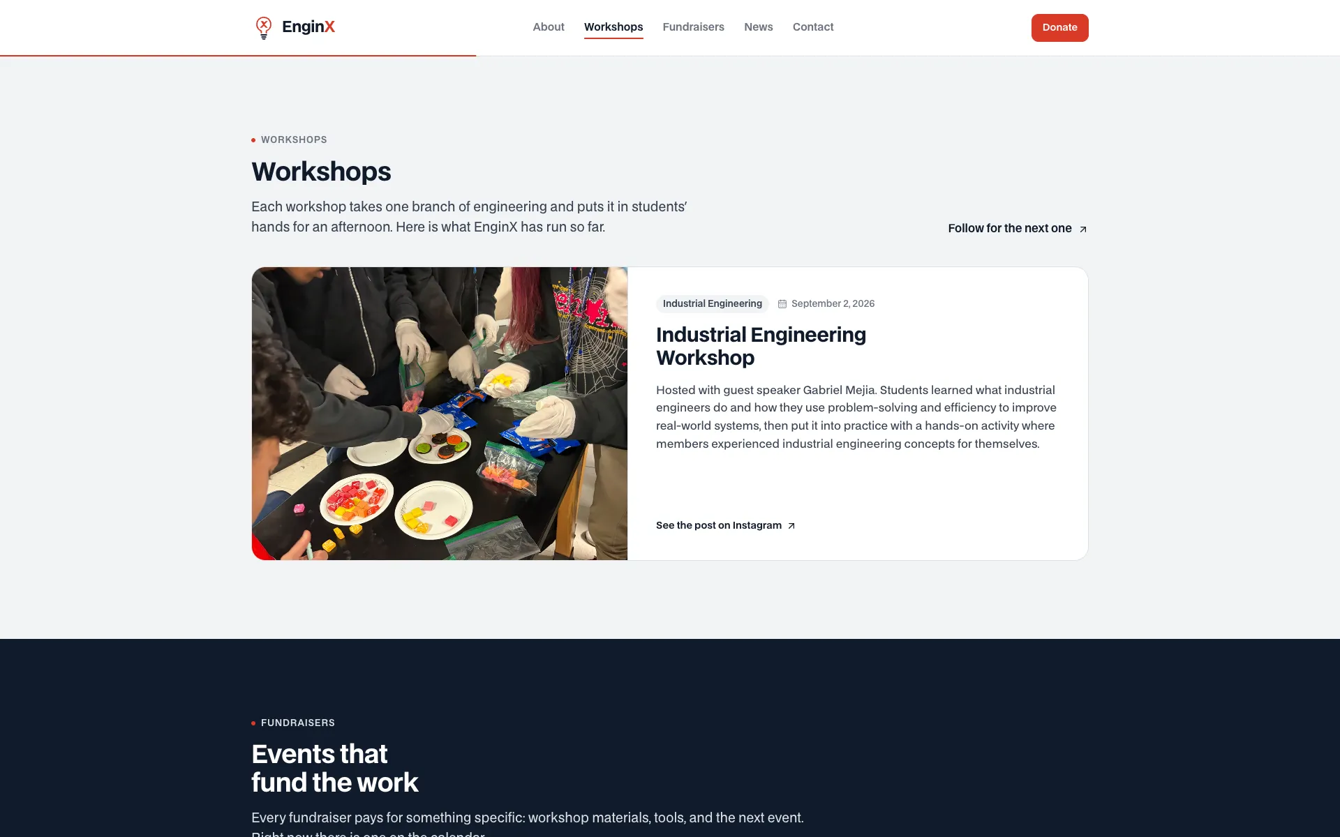 The Workshops section: a wide featured card for the Industrial Engineering Workshop with a photo of the hands-on activity, a discipline tag, the date, a description, and a link to the Instagram post