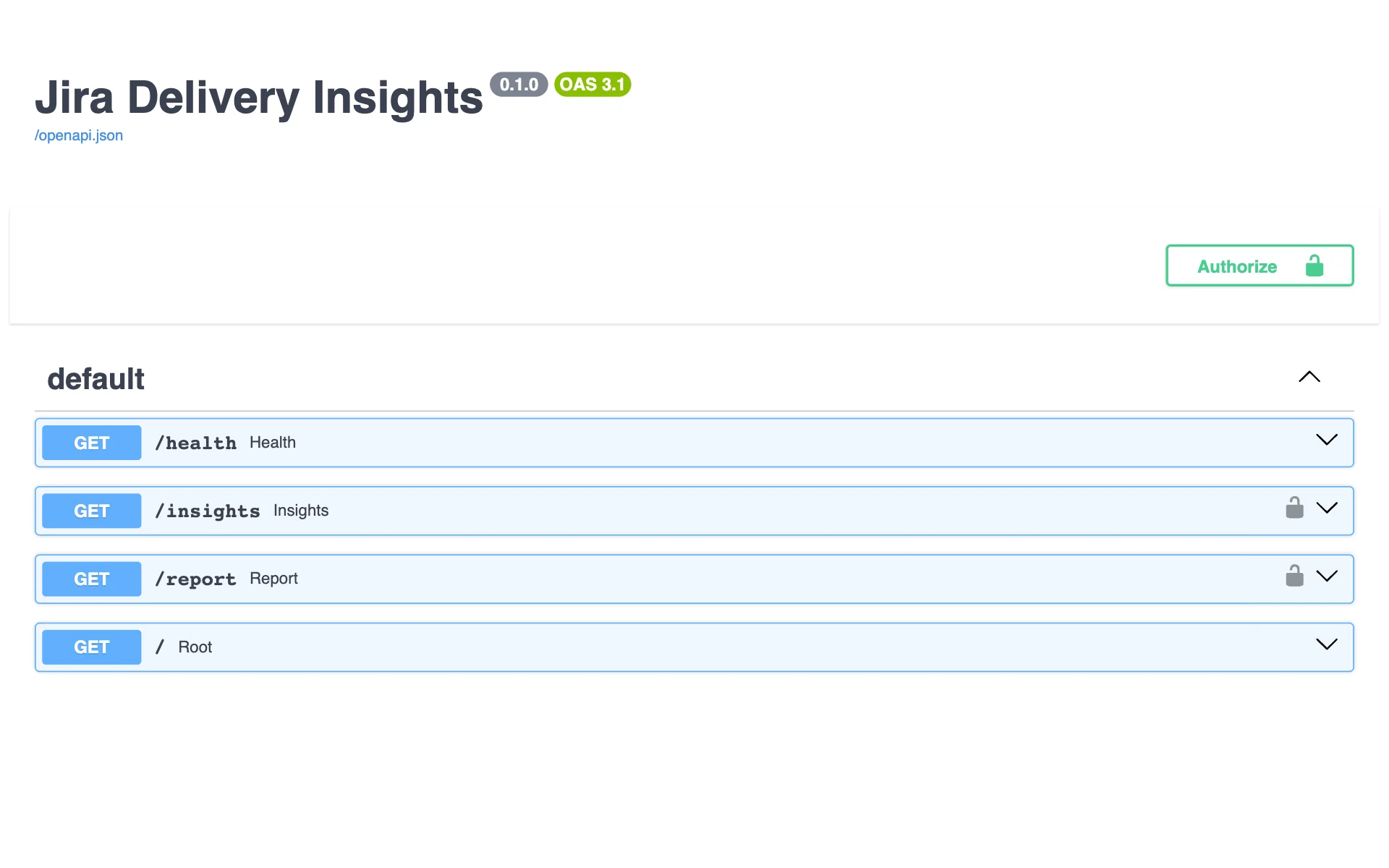 The Jira Delivery Insights API documentation listing four endpoints — health, insights, report, and root — with lock icons on the two that need an API key