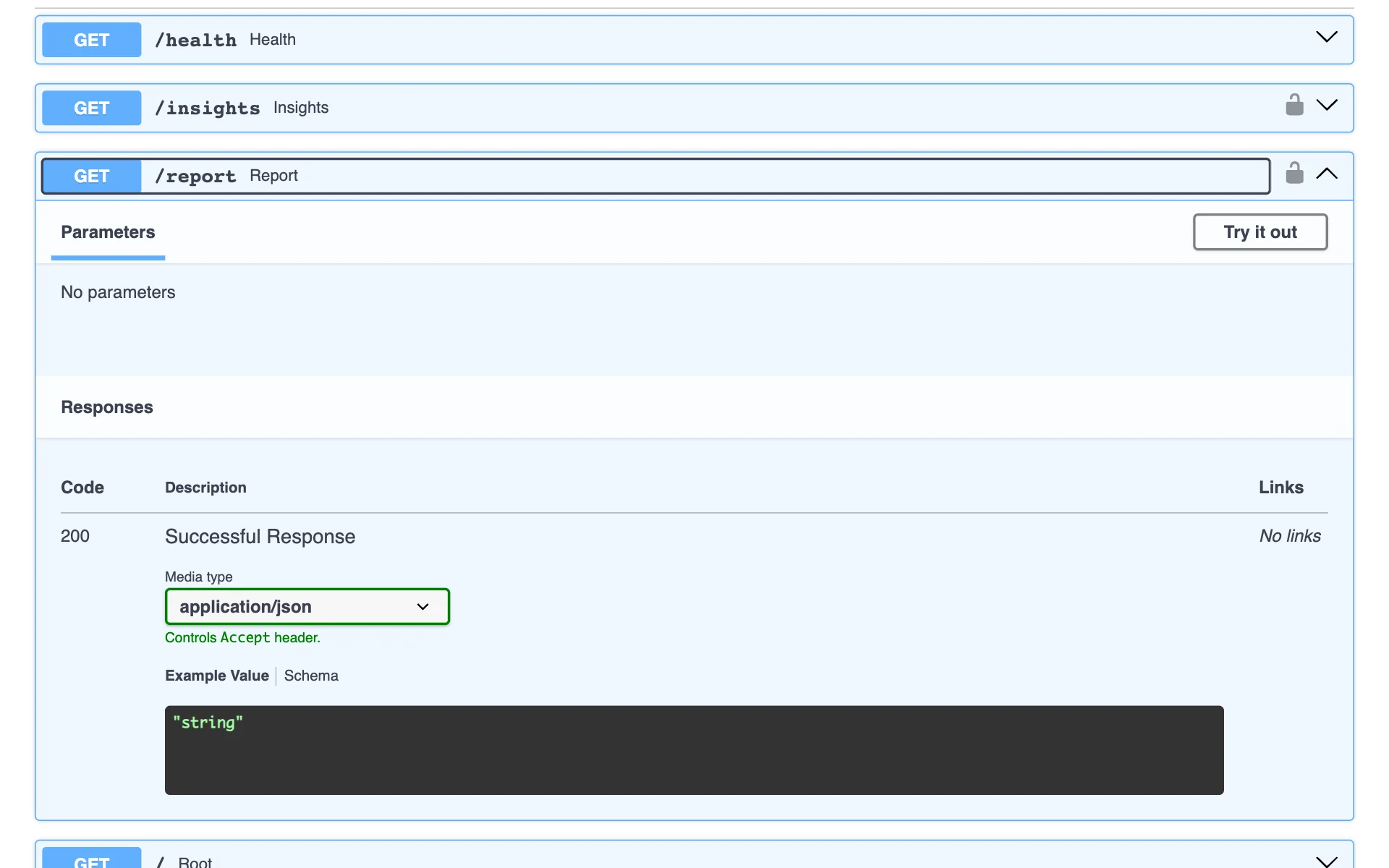 The report endpoint expanded in the API documentation, showing a lock icon, a Try it out button, and a successful JSON response